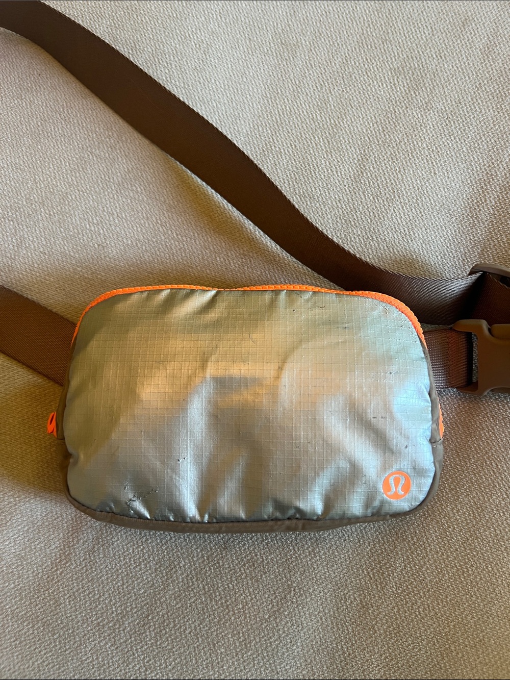 lululemon athletica Olive Green Belt Bag with Orange Trim and Brown Strap